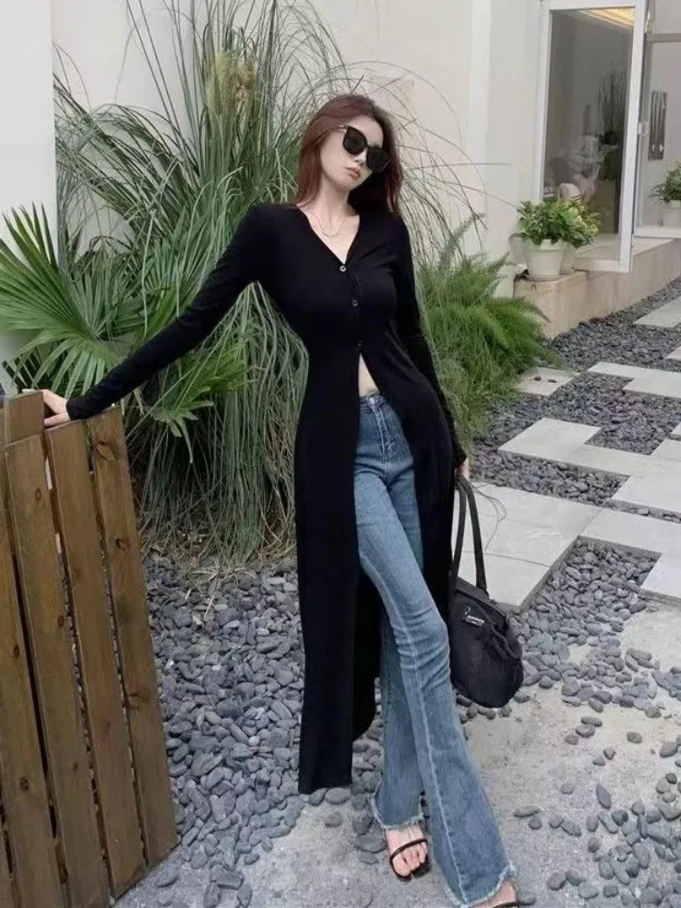 Vintage Lazy V-neck Sun Protection Coat 2024 Summer New Slim Fit Thin Tops Women Y2k Grunge Long Sleeve Cardigan Mujer