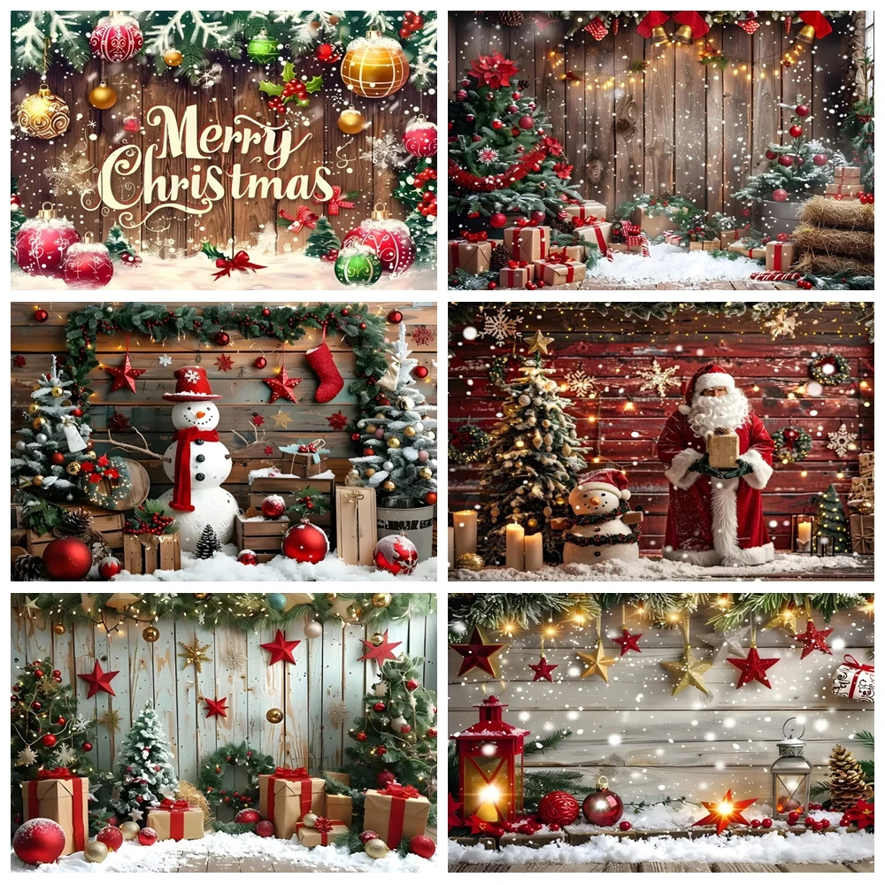 Christmas Wooden Board Photography Backdrop Wood Wall Xmas Tree Snowman Fireplace Bells Gift Family Party Photo Background Decor