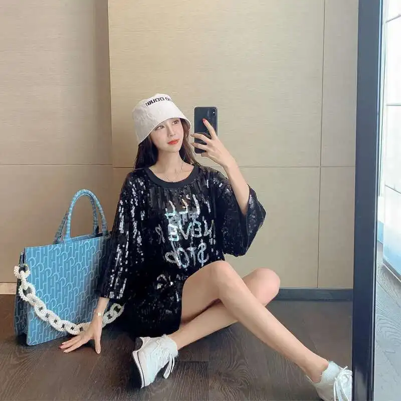 #0215 Black Shinny Hip Hop T Shirt Women Harajuku Letters Sequined T Shirt Short Sleeve Loose Streetwear Long Tee Shirt Femme