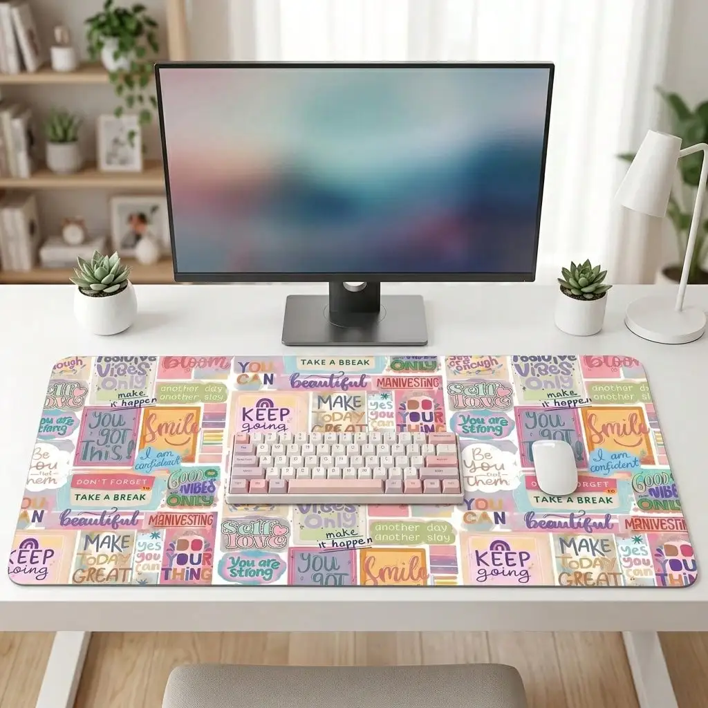 1pc Large Motivational Aesthetic Gaming Mouse Pad, With Daily Affirmations, Non-Slip Rubber Base, Stitched Edges, Polyester Surface, 2mm Thick, Colorful
