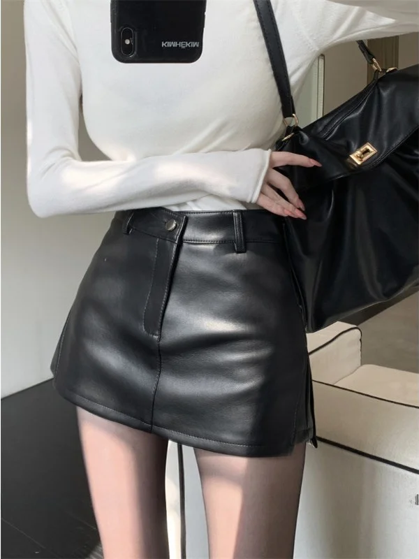 

Юбка-трапеция из искусственной кожи с высокой талией, женская модная укороченная юбка, ретро, черная, элегантная, повседневная, в деловом стиле