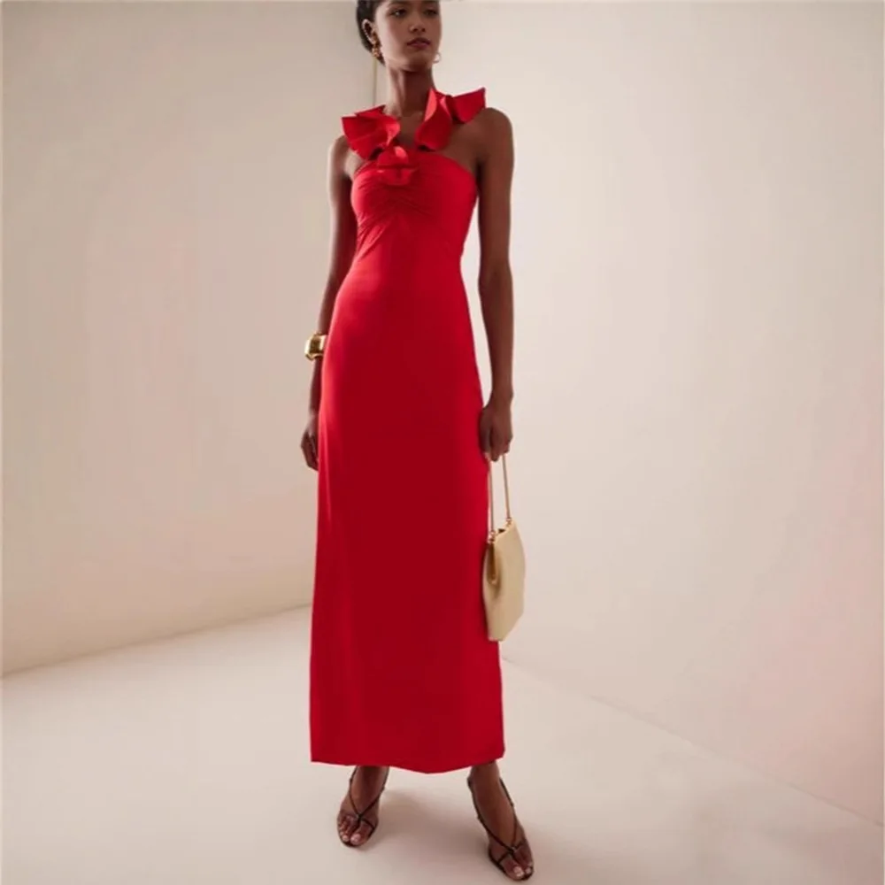 

Красное элегантное вечернее платье макси с рюшами и плечами, 3D цветочное сращивание, длинное платье с открытыми плечами и открытой спиной, вечернее платье