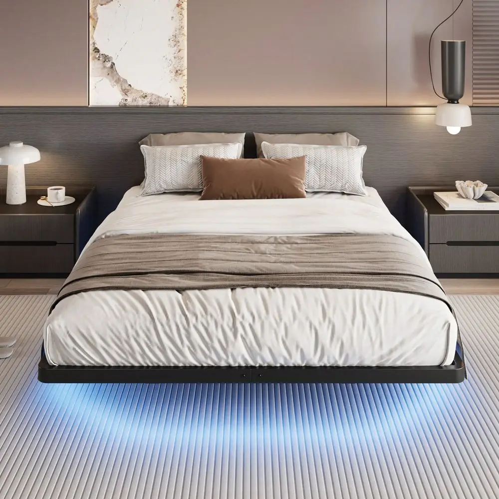 

Twin Full Queen King Size Floating Bed Frame With Smart LED Lights And Charging Station, Heavy Duty Metal Platform Bed With Mod