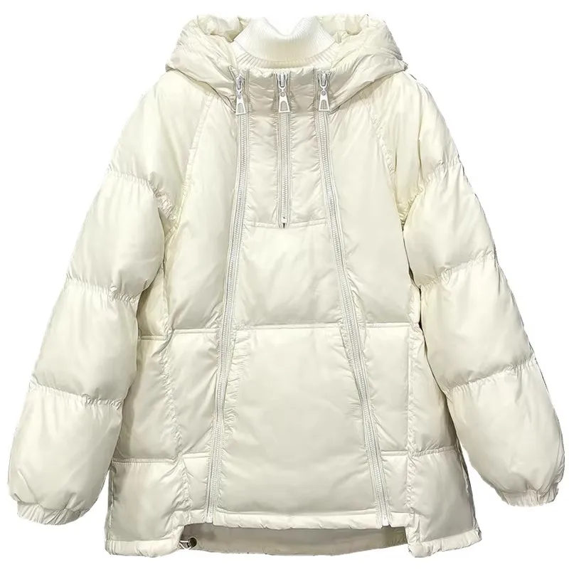 2025 neue Daunenjacke Winter Frauen Mit Kapuze Weiße Ente Puffer Mantel Weibliche Feste Kapuze Lose Reißverschlüsse Parkas Dame Warme Schnee Mantel