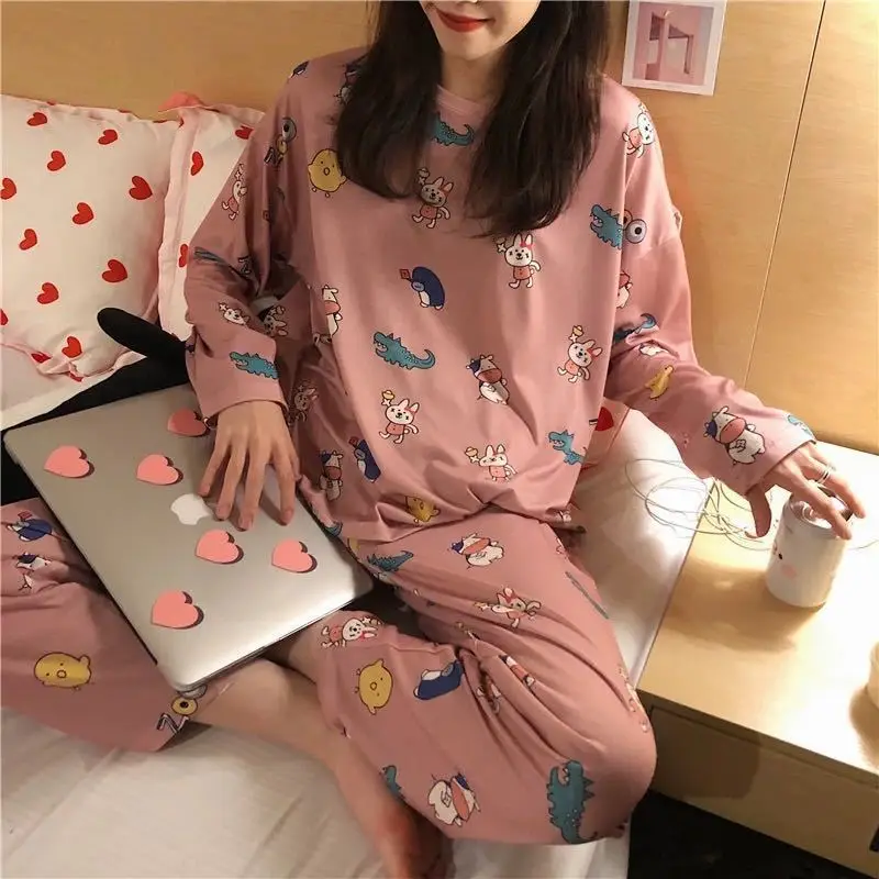 Women's Sleepwear and Home Wear Set, Spring and Autumn Long Sleeved Top, Long Pants, Cartoon Loose and Soft Casual Home Wear Set 5