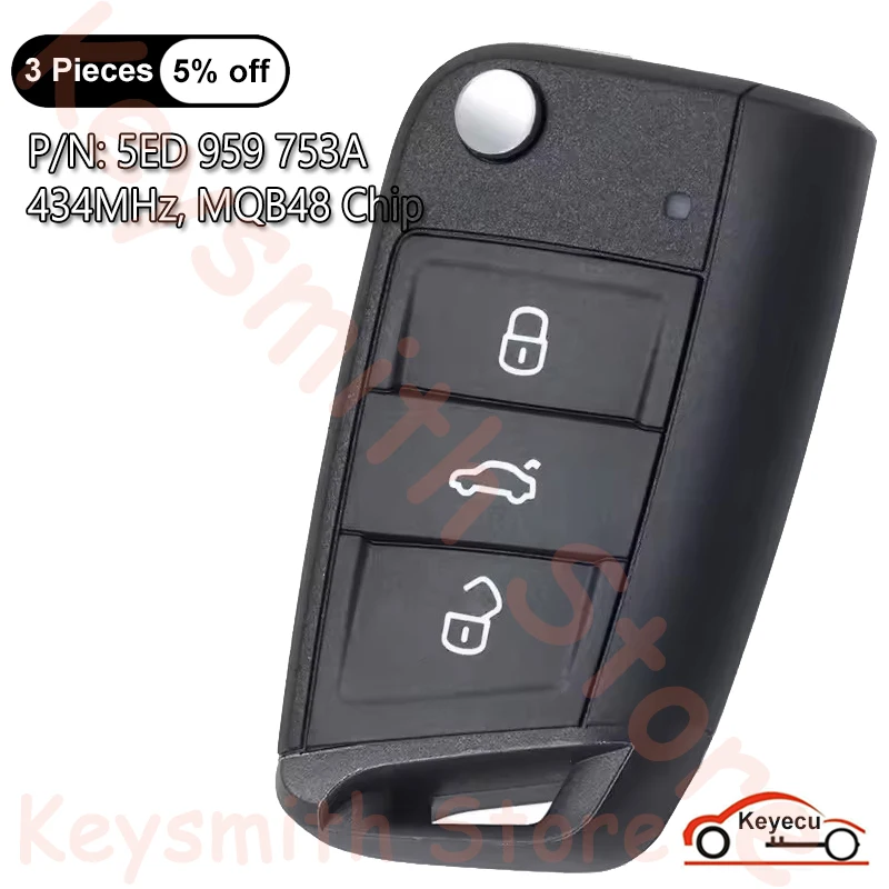 

KEYECU 3 Buttons 434MHz MQB48 Chip for Skoda Octavia 2012-2018 Auto OEM Smart Flip Remote Key Fob 5ED 959 753A, 5ED959753A