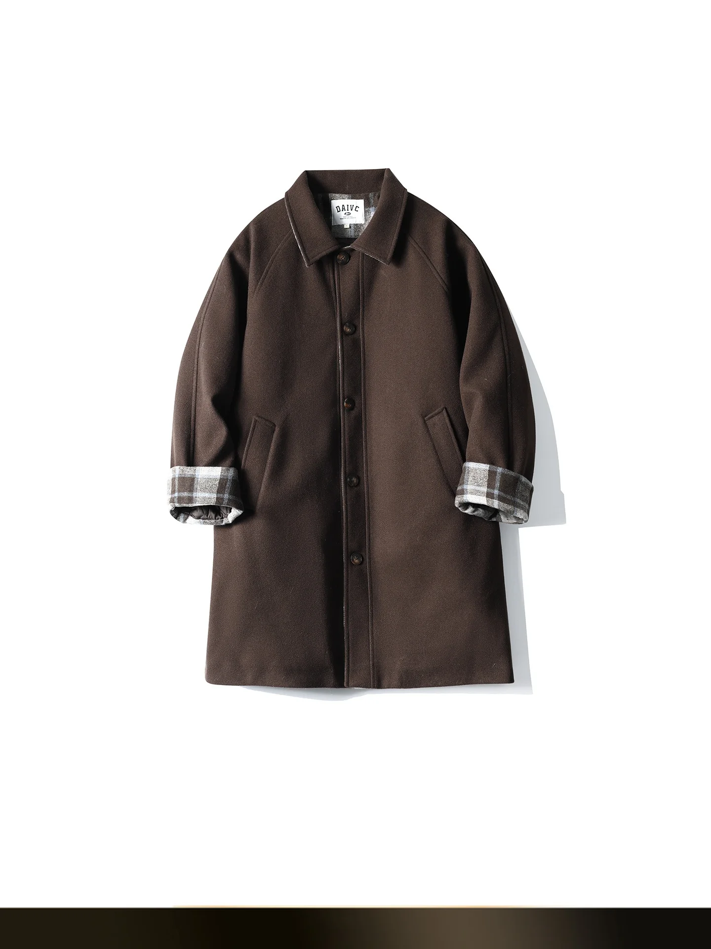 

Retro Plaid Splicing Mid-Length Woolen Coat Warm Loose Couple Sle Cotton Jaet Youth Casual Long Coat Button Closure