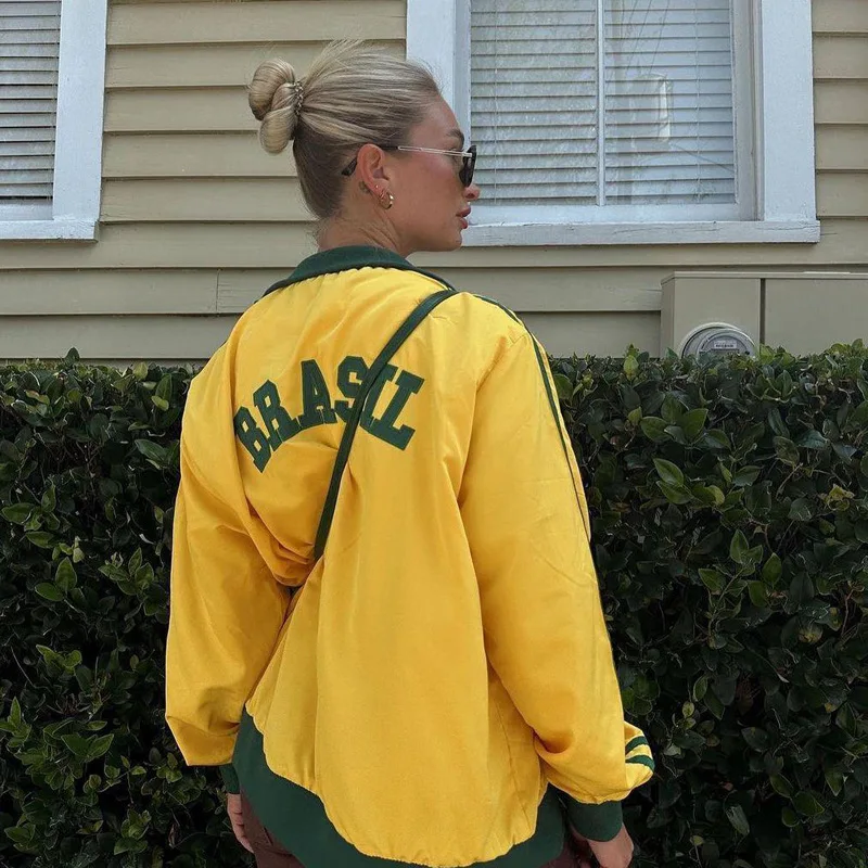 Yellow retro jacket women's Harajuku oversized zipper windbreaker Y2k streetwear loose jacket autumn fashion sportswear