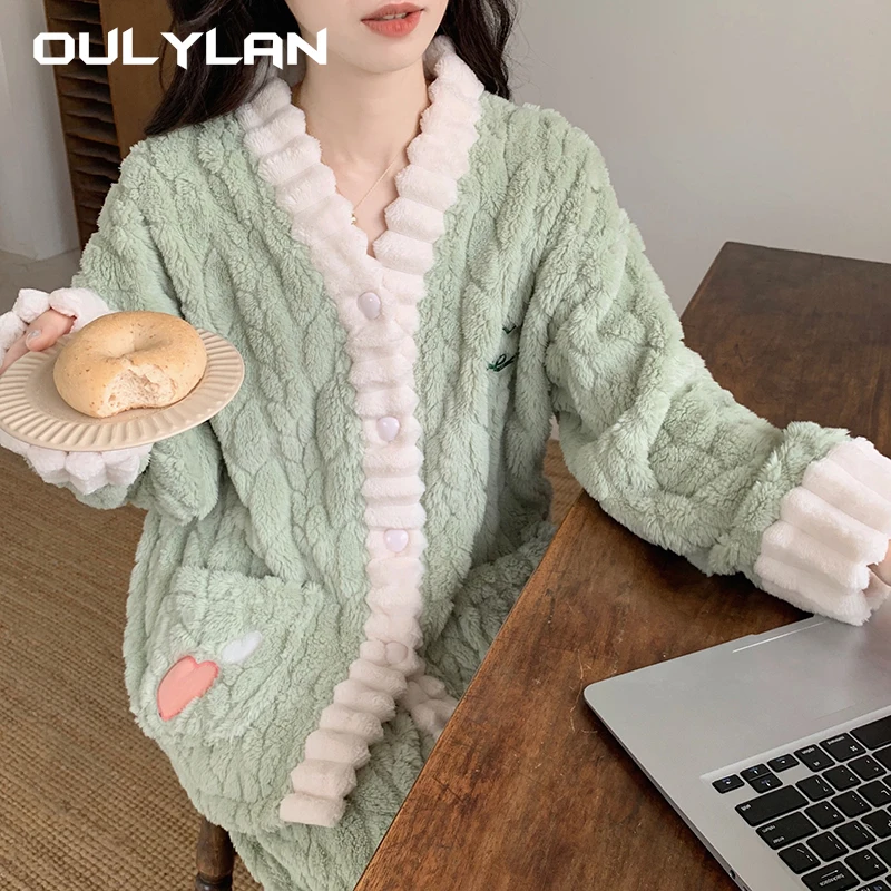 Oulylan 2024 Fashion Winter Women Sleepwear Women Outerwear Thick Warm Coral Velvet Pajamas Flannel Loose Cardigan Homewear