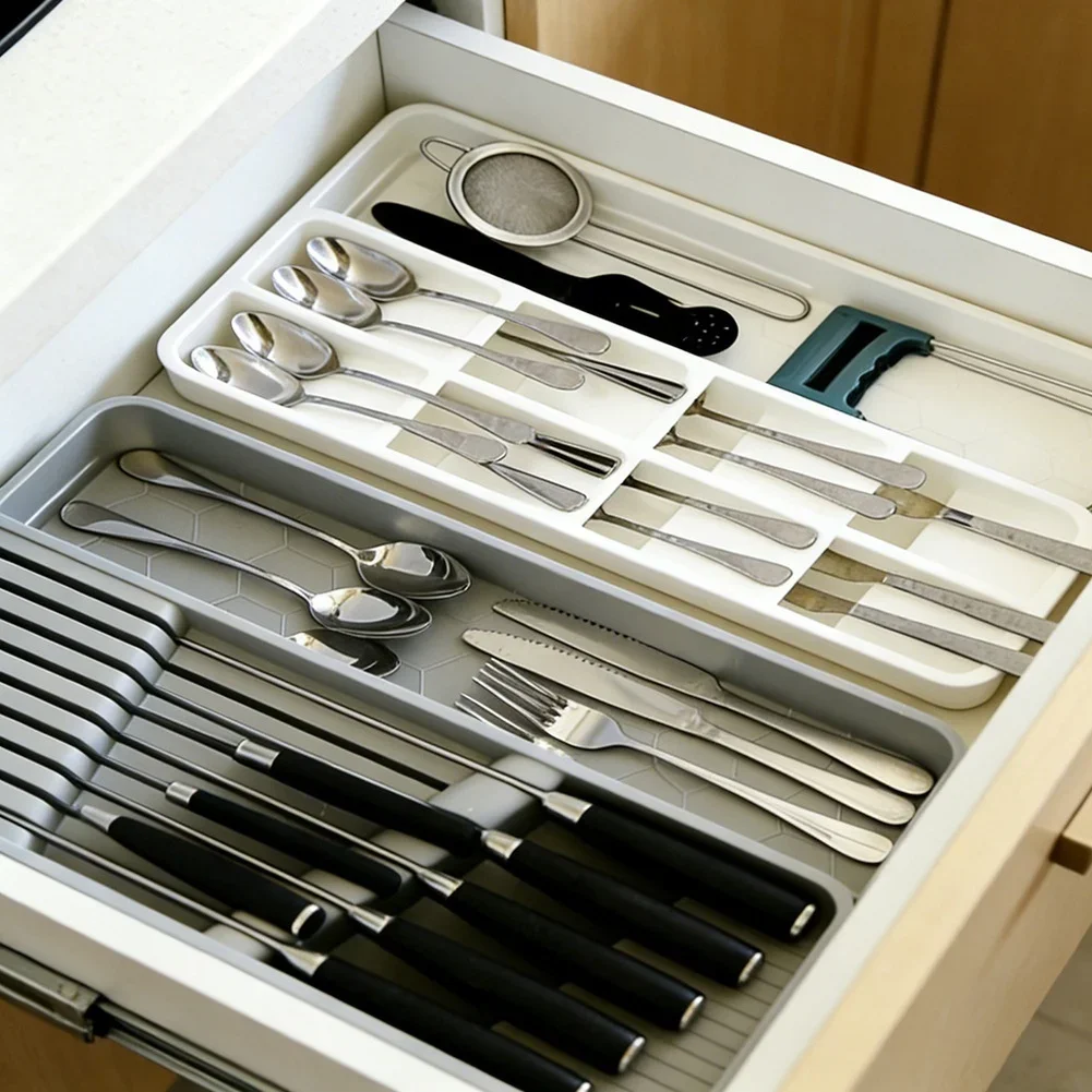 Kitchen Organizer Drawer Storage Cutlery Organizer Pull-out Sliding Mechanism Adjustable Length Space-saving Design