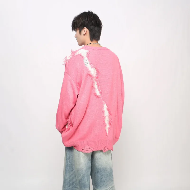 เสื้อสเวตเตอร์สไตล์อเมริกันแนวสตรีท ดีไซน์ขาดๆ แต่งผ้าปะติด สำหรับผู้ชาย ขอบรุ่ย ดีไซน์ฤดูใบไม้ร่วง-ฤดูหนาว แฟชั่นคู่รัก รุ่น 21156