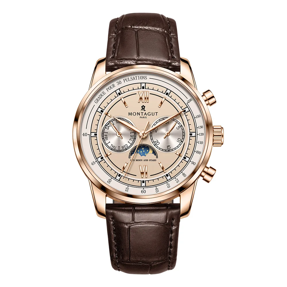 Luxury Automatic Mechanical Men Watch Brown Leather Strap Rose Gold Case Moon Phase Week Date Business Dress Wristwatch Male