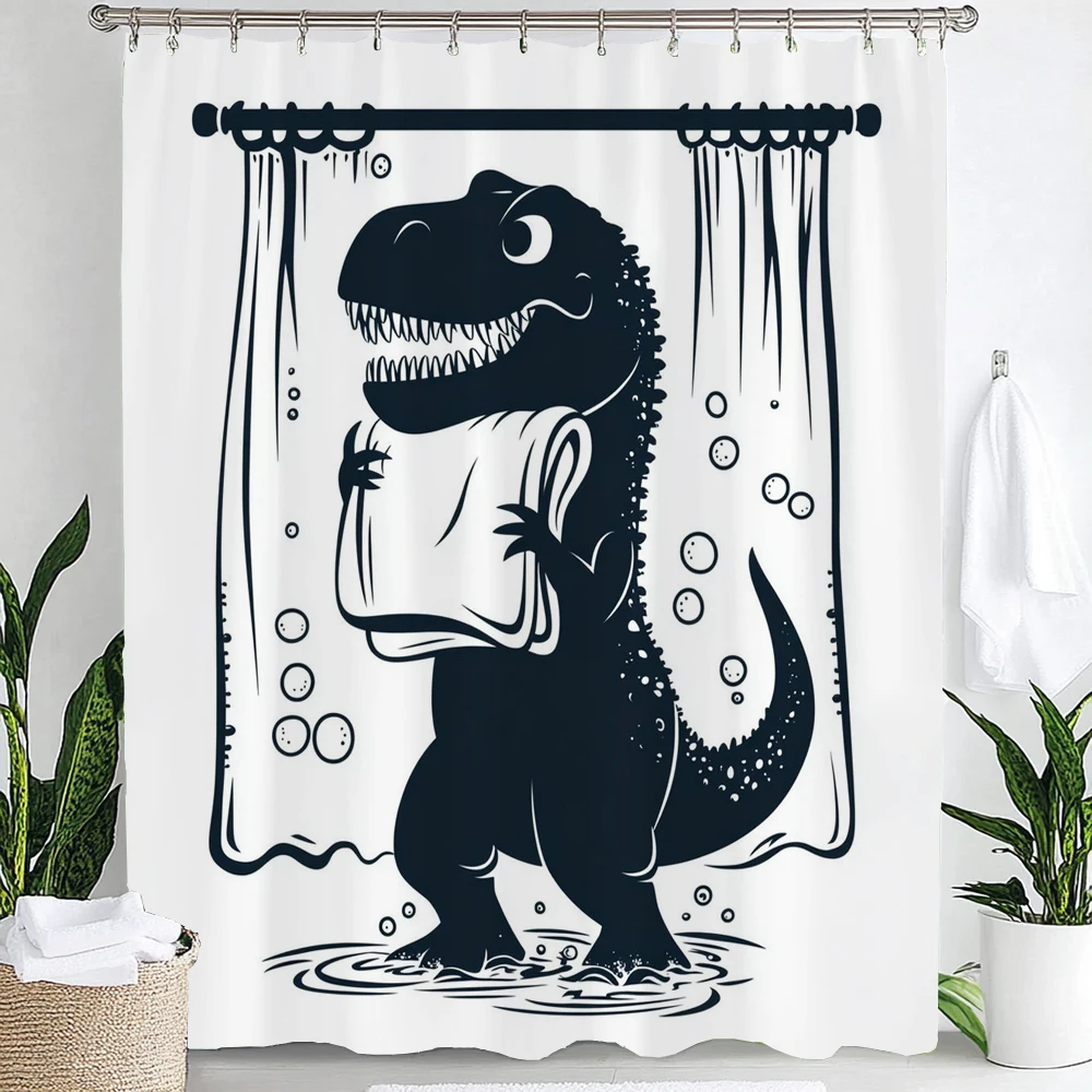 

1 pc Funny bathing dinosaur black and white printed bathroom shower curtain with hooks for bathroom privacy and home decoration