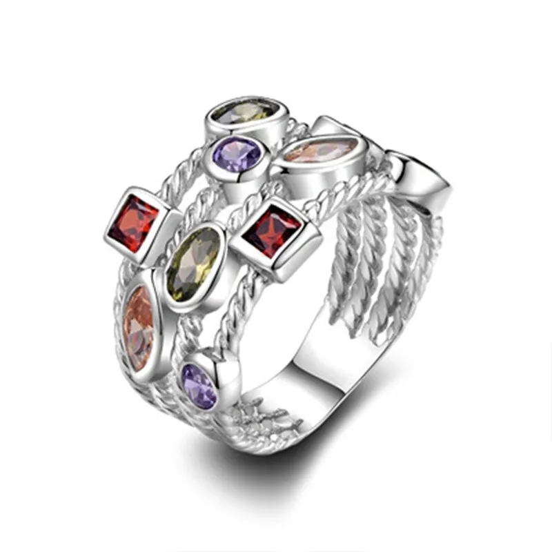 Fashion Women Simple Silver Multi Color Zircon Ring Anniversary Jewelry Size 9