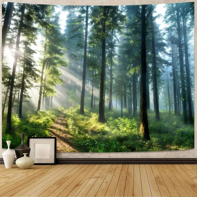 VIKAMA Misty Forest Sunlight Wall Tapestry Green Tree Foggy Dirt Trail Sun Ray Morning Woodland Nature Landscape Calm Decor Boho