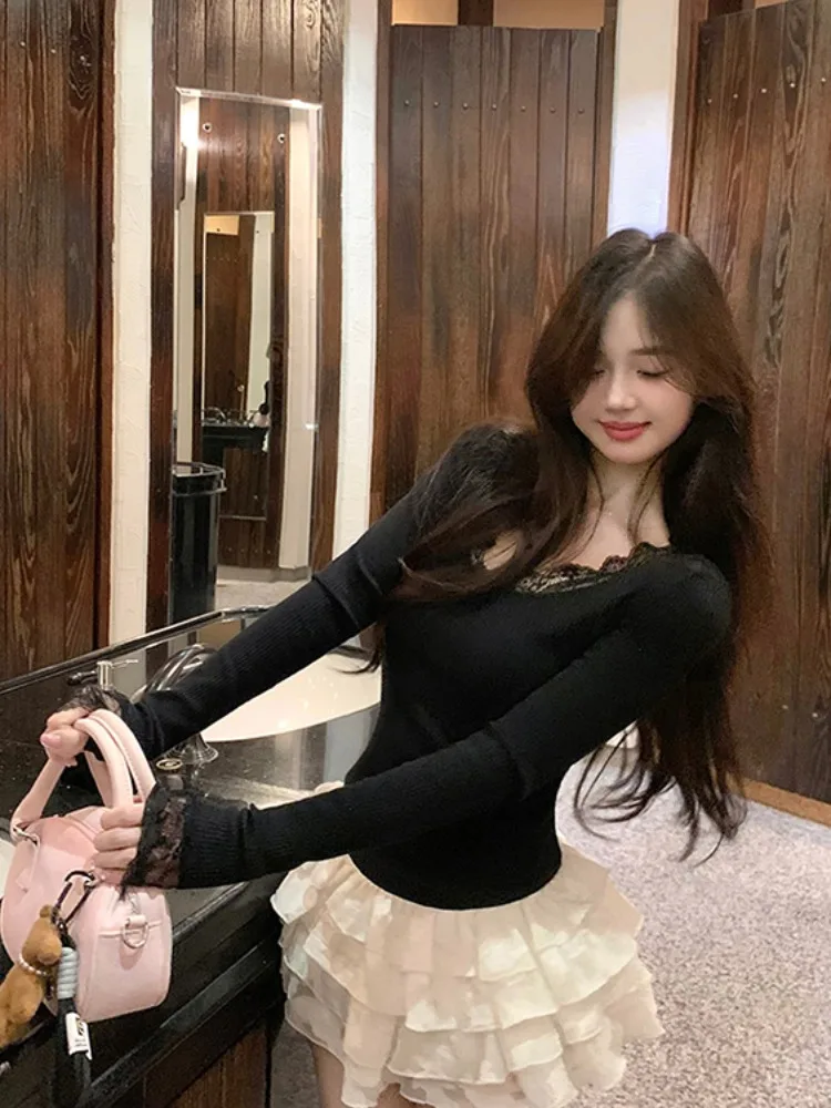 Bla Lace Trim Knitted T-irt Women's Slim Fit Base irt Inner Wear French Sle Pure Color V-Ne ort Sve Top