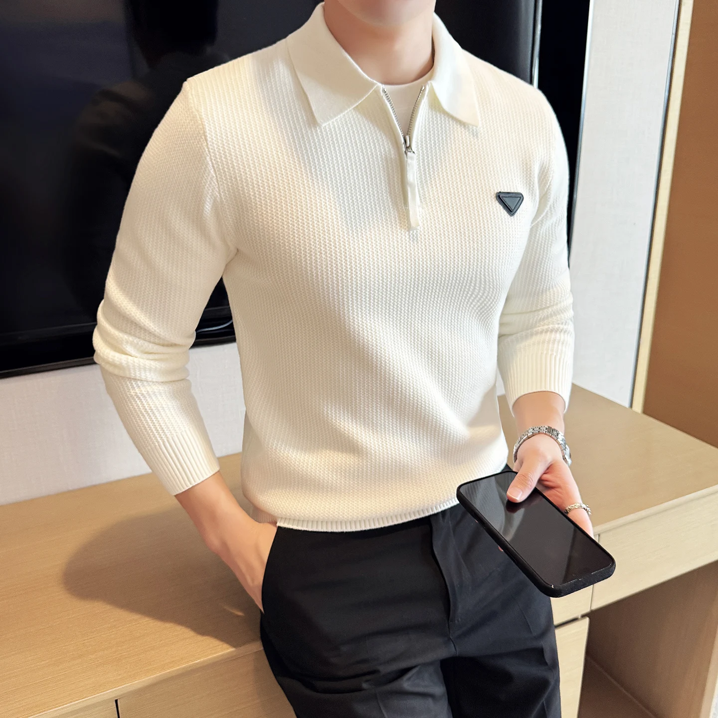 Men's Half Zipper Design Lapel Sweater Fashionable Slim Fit Knit Sweater Business Casual Solid Color Versatile Pullover