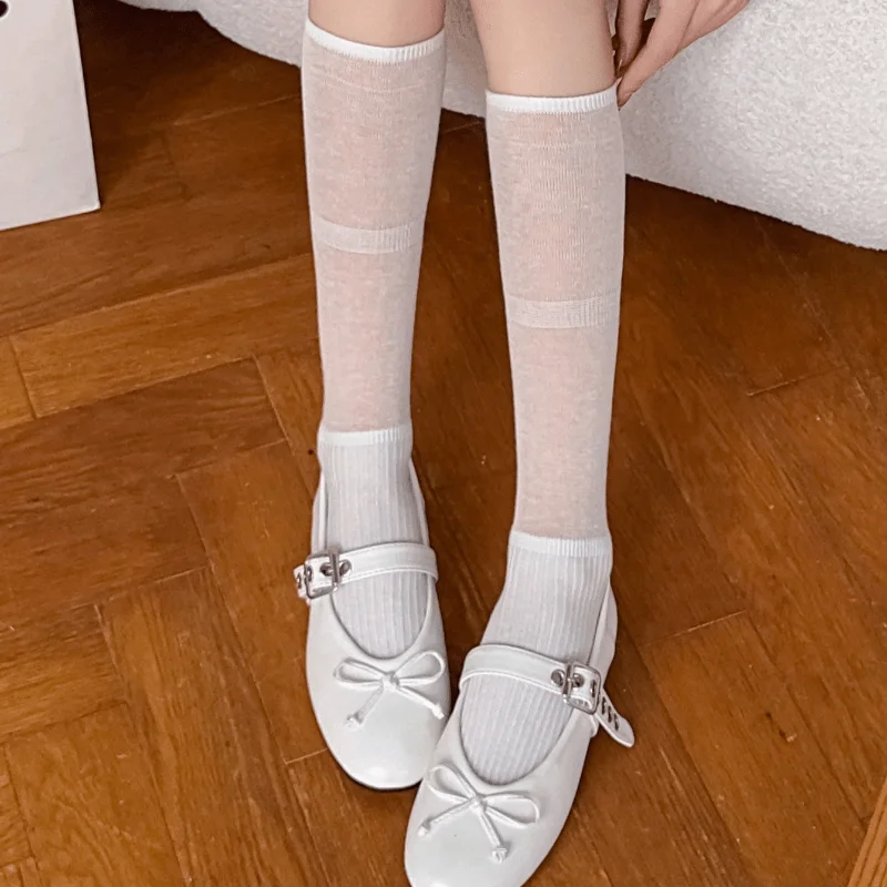 Damen Lange Socken aus Baumwolle, Einfarbig, Dünn, Frühling-Sommer Kniestrümpfe, Modische Neue Koreanische Mode Damenstrümpfe