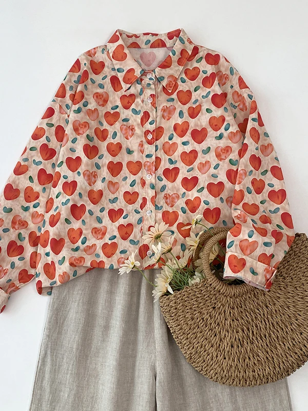 

Pure Cotton Long Sve Heart Print Loose Fit Women's irt Ele Hong Kong Sle Open Cardigan Spring Summer Faion