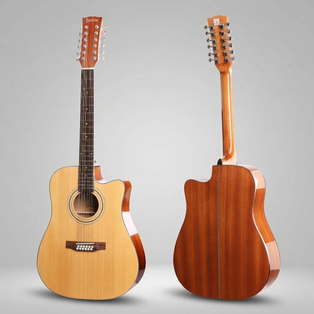 Acoustic Guitar 12 Strings Cutaway Spruce Top Natural Gloss Finish Full Size Beginner Adult Musical Instrument Folk Guitar