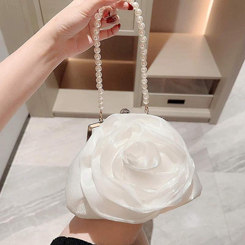 Women Pearl Chain Single Shoulder Bags Ladies Luxury White Flower Clutch Bag Pursh Female Evening Party Wedding Handbags XA884H