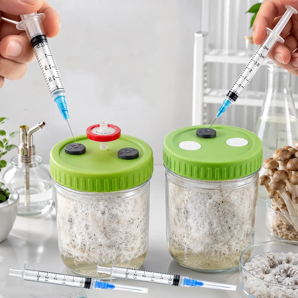 2 Silicone Sealing Caps for Mushroom Mycelium Liquid Culture (Suitable for Mason Jars/Wide-Mouth Glass Jars) and 3ml Self-Healing Syringe for In-Jar Strain Inoculation, Sealing, Pressure Regulation, and Static Cultivation, Suitable for Various Mushroom Cultivation, Planting, and Home Gardening Tools