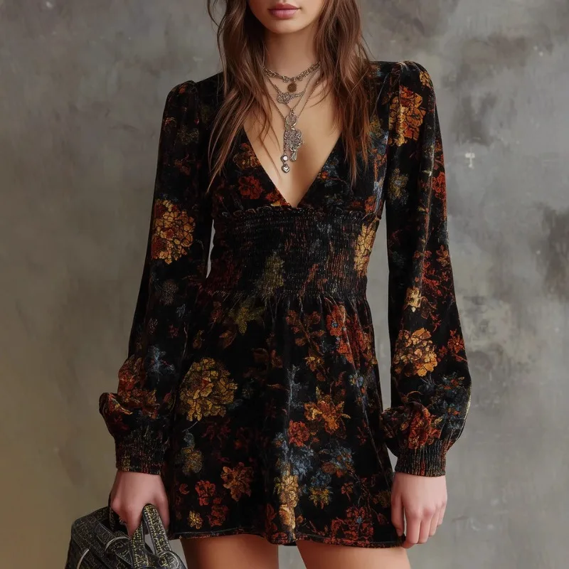 Women's Autumn Spring Dresses Skirts Floral Prints V-neck Velvet Seductive Fitted Waist Long Sleeves Casual Minimalist Niche New