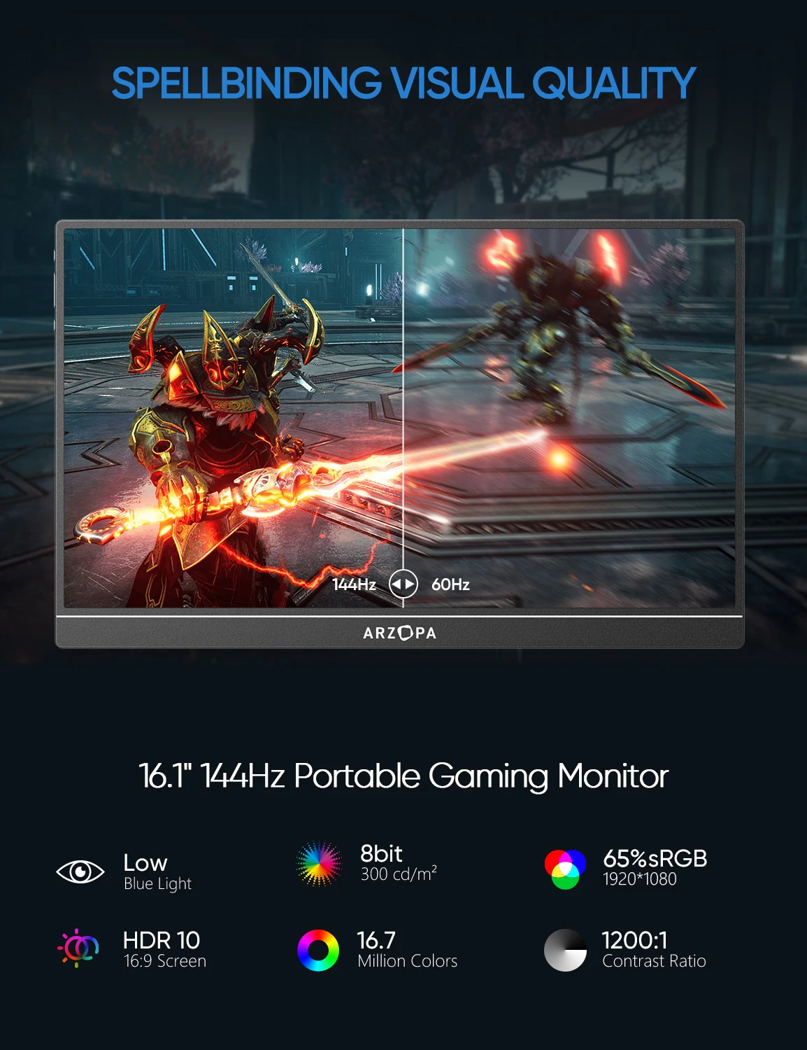 ARZOPA Monitor portátil de 16,1 polegadas e 144 Hz, tela IPS FHD 1080P 16:9, corpo de metal, com mini HDMI tipo C, alto-falantes, para