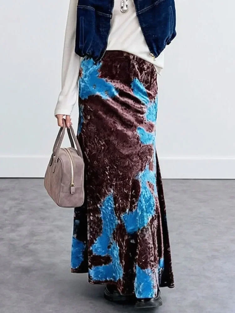 

Юбка миди ZhuoZhi с высокой талией, бархатная, асимметричная, с цветными вставками, фасон «рыбий хвост», во французском стиле, для повседневной носки, офиса и поездок на работу