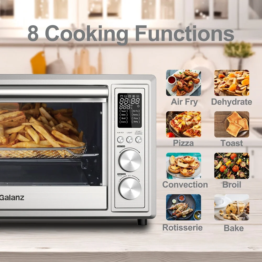 Digital Toaster Oven 1.1 Cu.Ft 1800W Stainless Steel Air Fryer with 8 Cooking Functions LED Display Interior Light Rotisserie