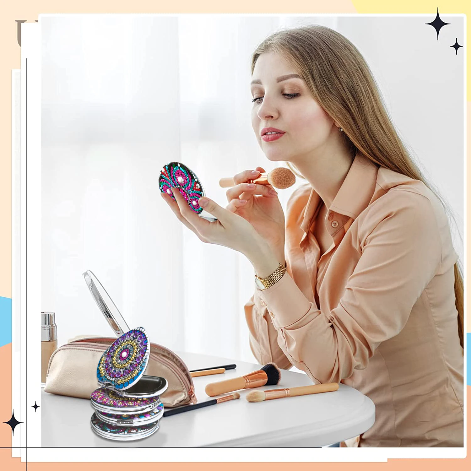 1pc/Set DIY Mandala Diamond Painting Mirror Compact Portable Folding Mirror for Women Mandala Diamond Art Mirror Kits for Adults
