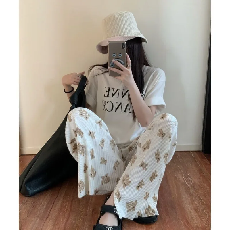 2025 sommer Neue Bär Tie-dye Casual frauen Lose Vielseitige Hosen Boden-wischen Hohe Taille Drapieren Breite bein Hosen