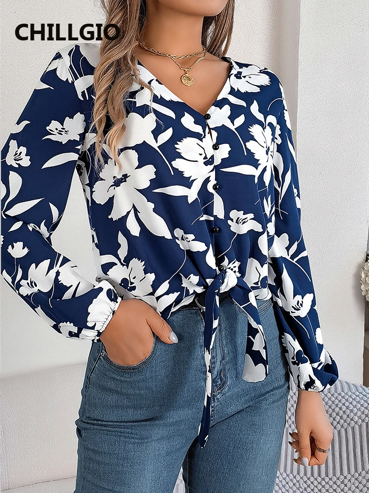 Chillgio Dames Elegante Blouse Casual V-Hals Lange Mouw Shirts Herfst Winter Chiffon Blouses Fasion Bedrukt Met Veters Top