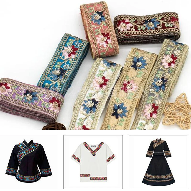 10 Yards Ethnic Lace Embroidery Ribbon Sequin Stitching Lace Trim DIY Sewing Bag Dress Hanfu Garment