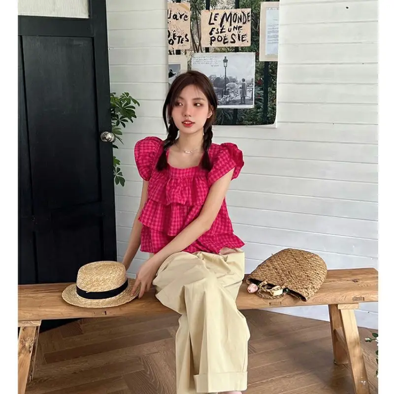 French Chic Spring Summer Blouses Women Tops Ruffles Sweet Korean Fashion Square Neck Retro Blusas Mujer Sleeveless Short Shirts