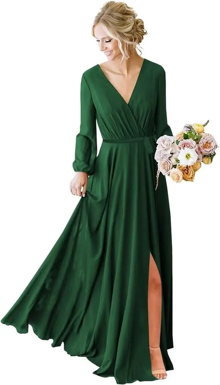 

Женские платья подружки невесты трапециевидной формы с длинными рукавами Длинное шифоновое плиссированное вечернее платье с разрезом Платья подружки невесты на свадьбу