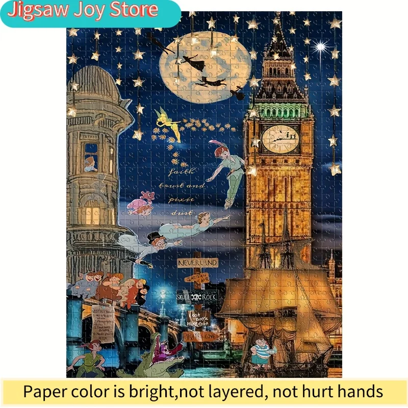 لغز 1000 قطعة بشخصيات كرتونية تينكر بيل وبيتر بان وبرج الساعة القمرية، لعبة تعليق على الحائط للكبار، هدية تفاعلية للعائلة