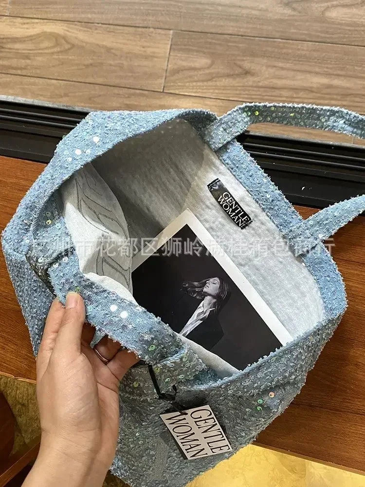 2024 새로운 신사 여성 편지 반짝이 세척 데님 가방 다목적 대용량 토트 백