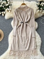 Autumn French Retro Knitted Elegant Long Dress Women New Hollow Lace Vintage Dresses Luxury Sense Slim Waist Splicing Clothes