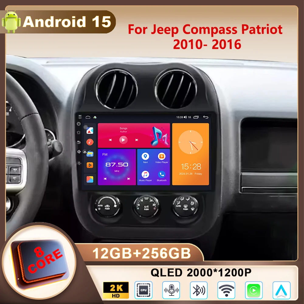 

For Jeep Compass Patriot 2010-2016 Android 15 Autoradio Stereo Multimedia Video Player Navigation GPS Carplay QLED Screen Auto