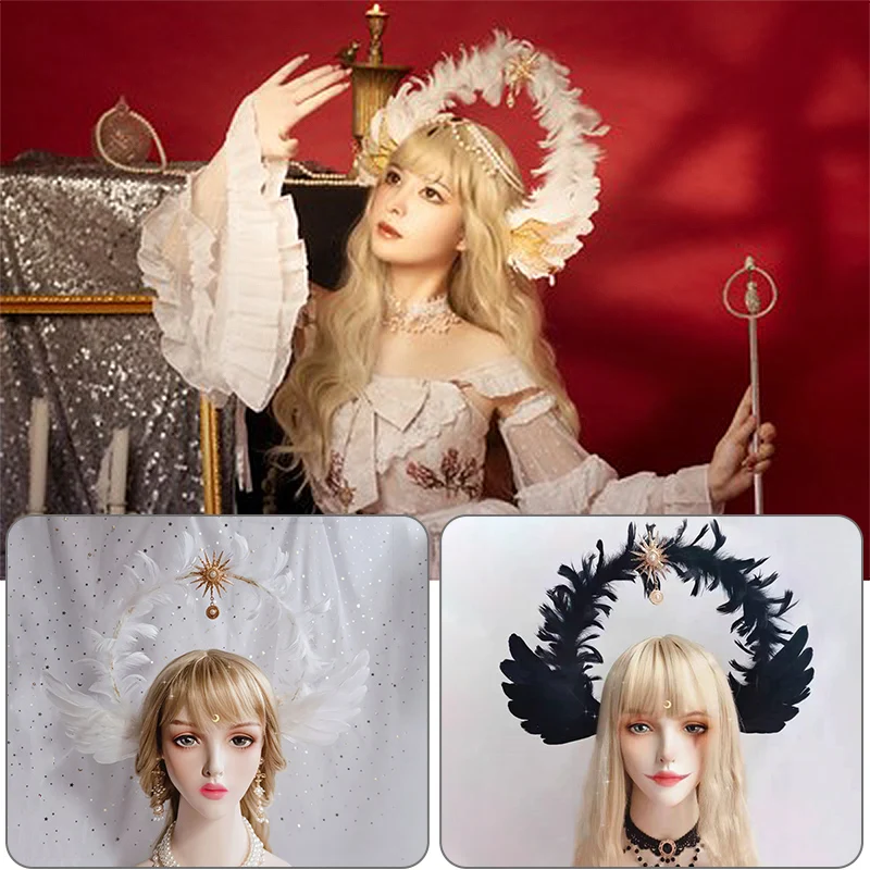 Vintage Lolita Girl's Golden Goddess Headdress Angel Feather Wing Virgin Mary Hairband Hair Accessories Cosplay Props