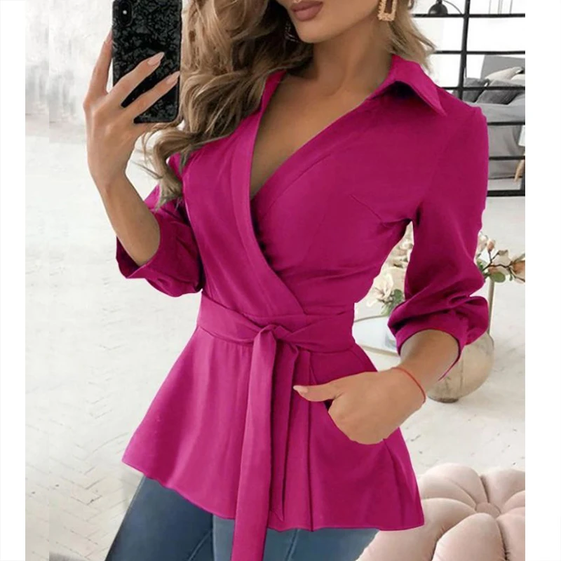 Autumn Elegant Fashion Chic New Shirt Women Solid Color Irregular Three Quarter Sleeve V Neck Pocket Solid Color Drawstring Top