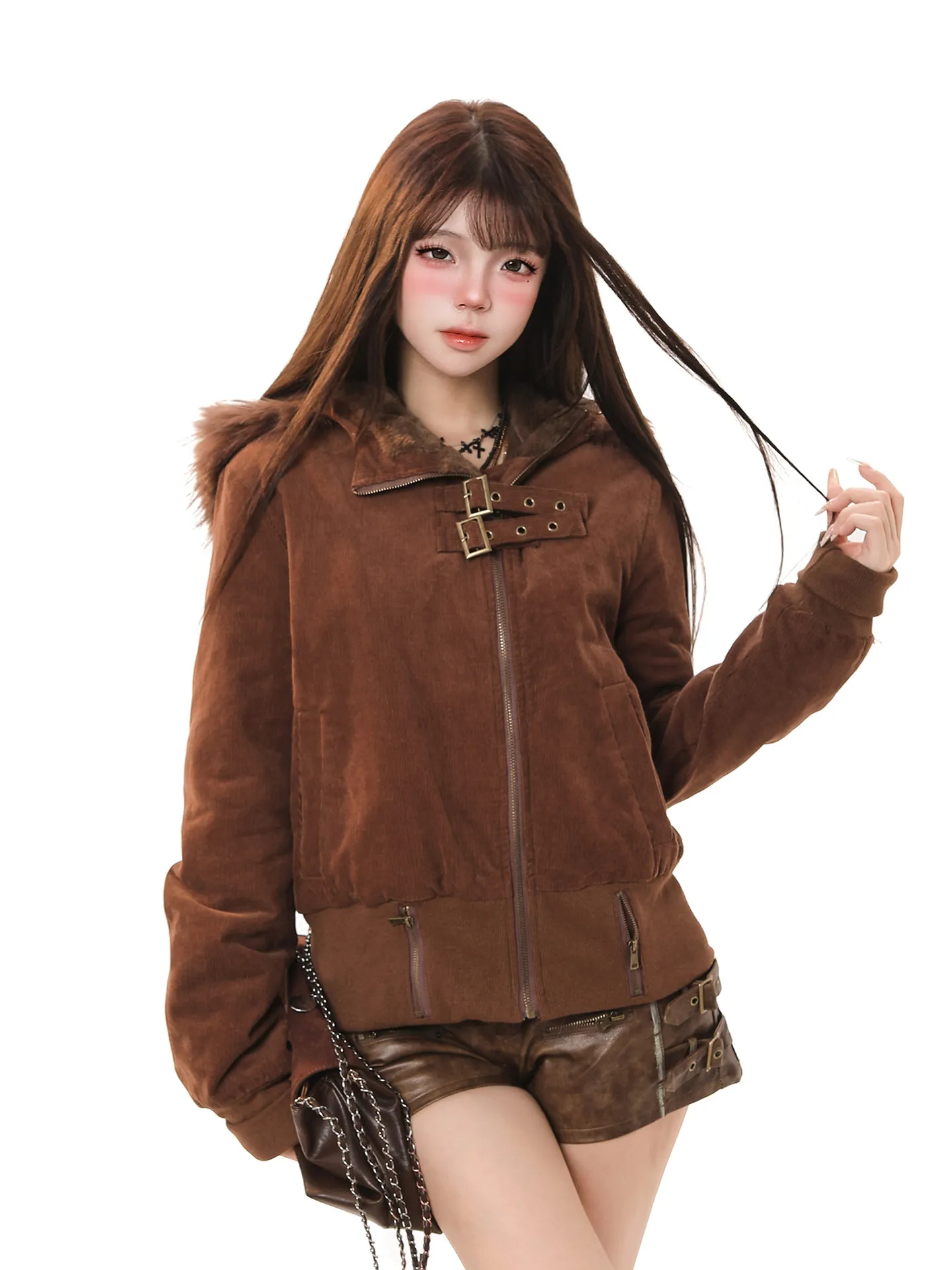 

Ретро-американское женское зимнее пальто из хлопка с подкладкой, воротником-стойкой, приталенное, коричневое, модное, из вельвета