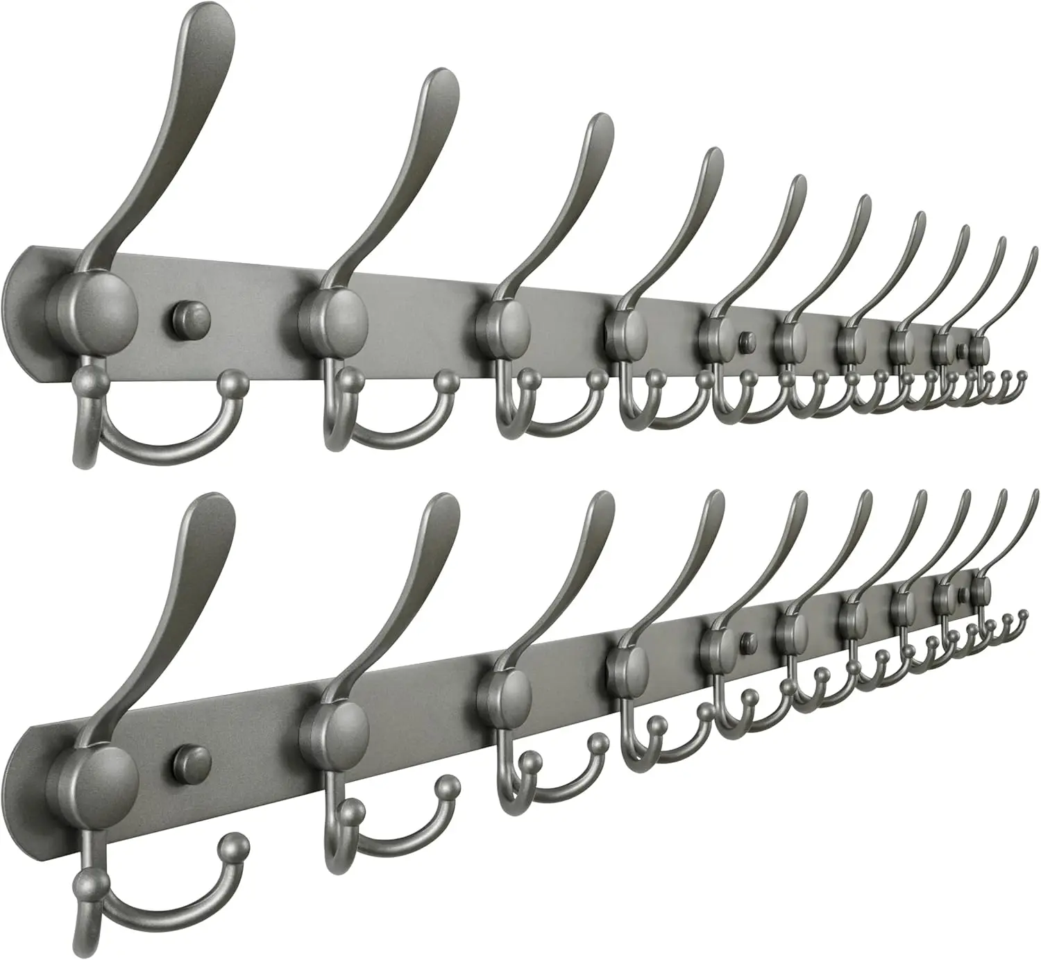 

38" Long Heavy Duty Wall Mount Coat Rack with 10 Tri-Hooks for Coats, Hats, and Clothing in Gray - Pack of 2