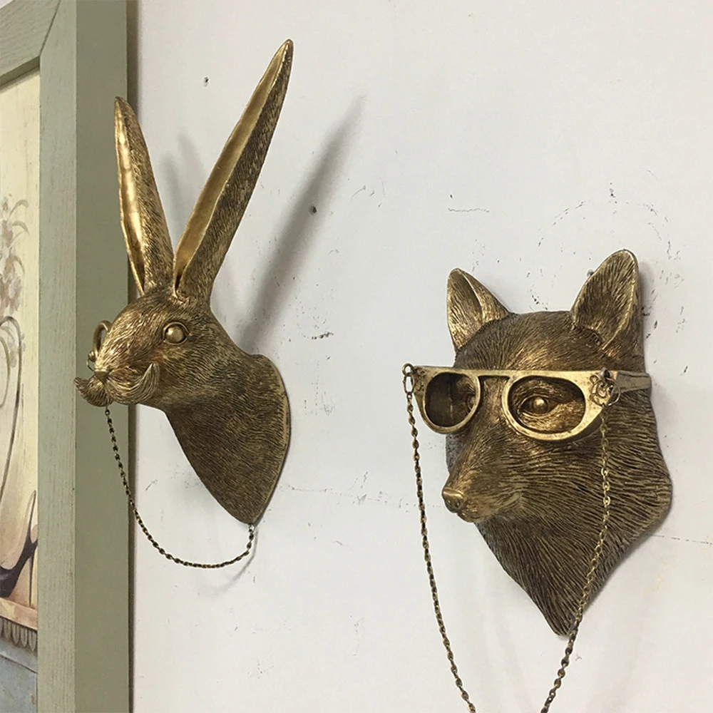 

Rabbit Head Wall Hanging Fox Head Imitation Bronze Animal Resin Decor for Living Room Fireplace Home Bedroom wall Office
