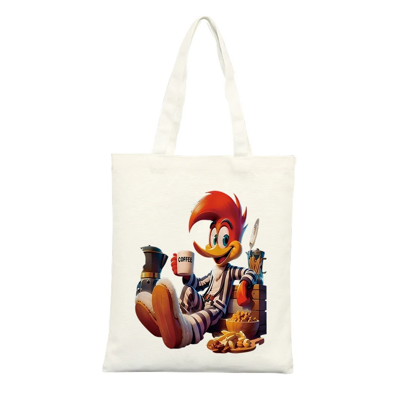 Canvas Tote Bag with Cartoon Bird Graphic, Casual Style for Daily Use and Shopping Outings