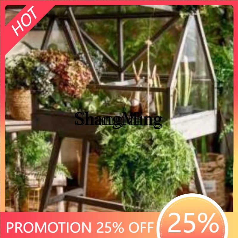 FG wood floor-to-ceiling glass greenhouse Succulent plants Sunshine greenhouse Indoor balcony Garden retro flower stand