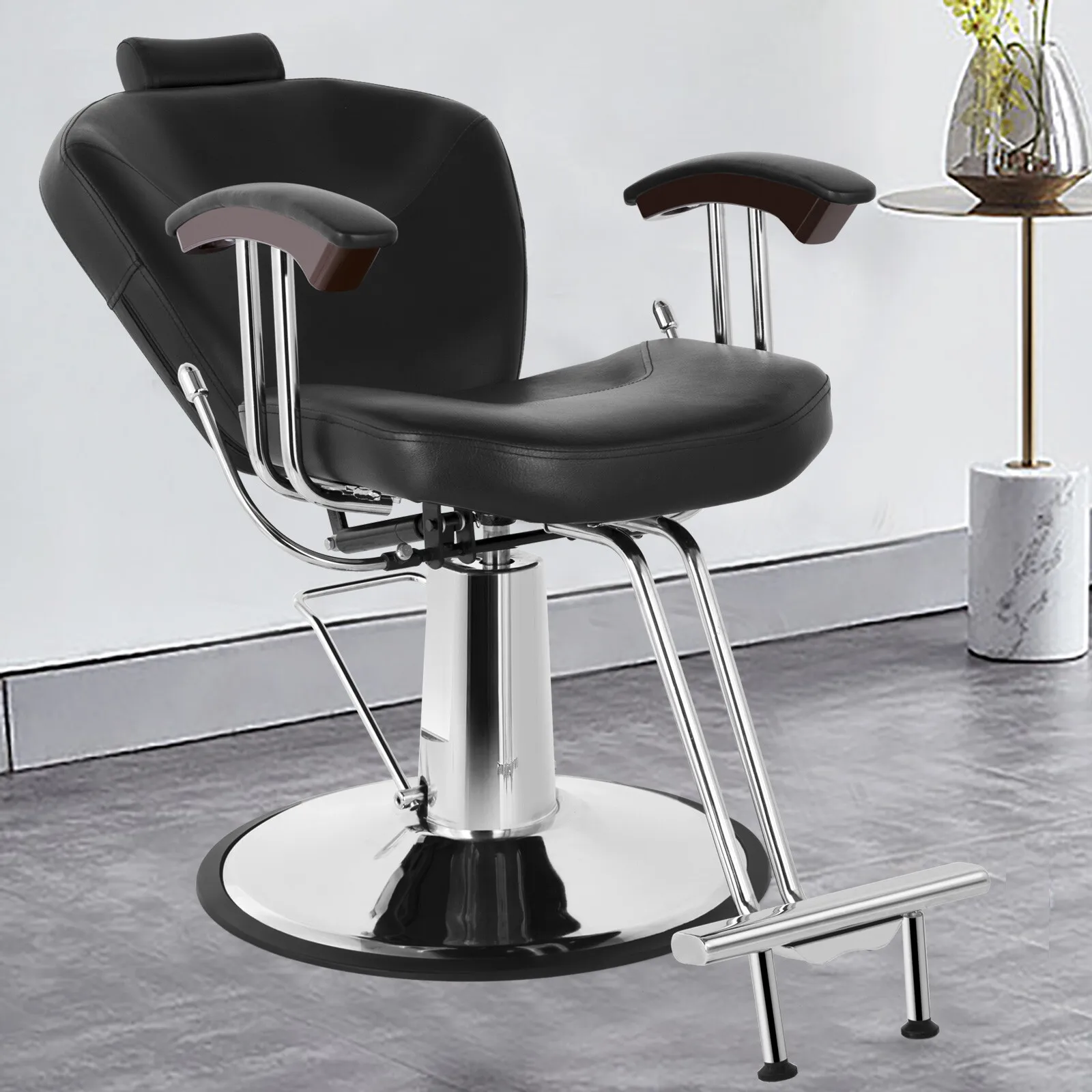 

Black Reclining Hydraulic Barber ChairSalon Beauty Styling w/Double Hand Levers