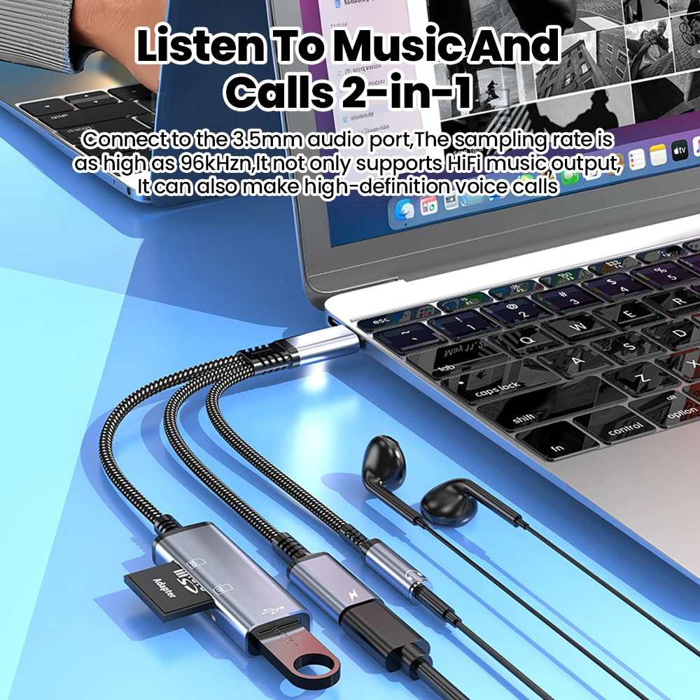 

5 in 1 Type-C AUX Adapter Cable Phones PD10w+ 3.5mm Headphones Jack+ SD/TF Card Read +USB Drive Data Transmission OTG Connector