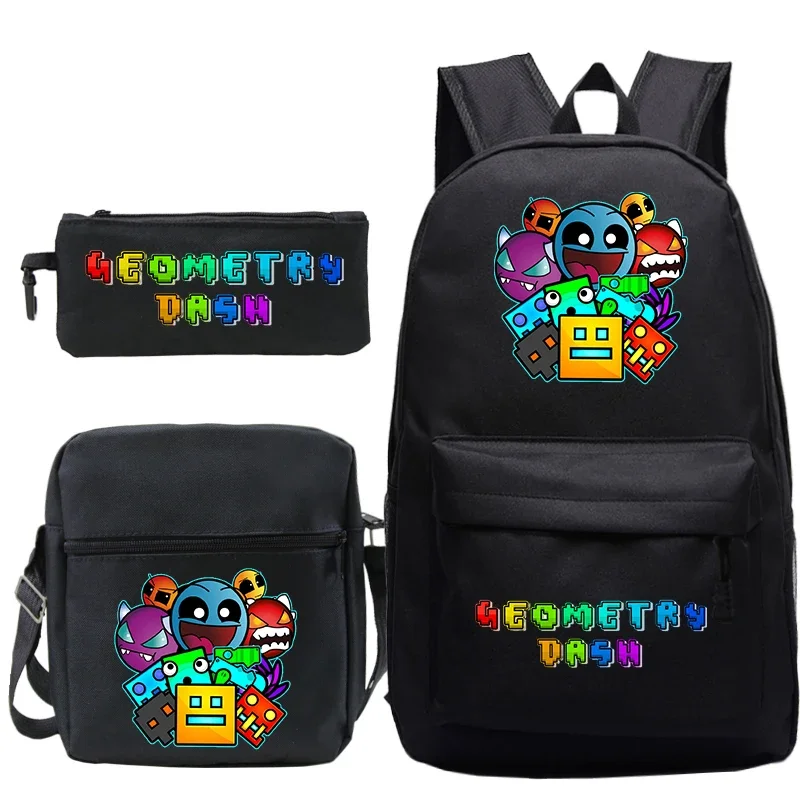 3Pcs Nylon Backpack with Geometry Dash Printing Cartoon School Bag Custom Large Capacity Kids Bags for Boys Girls Laptop Daypack